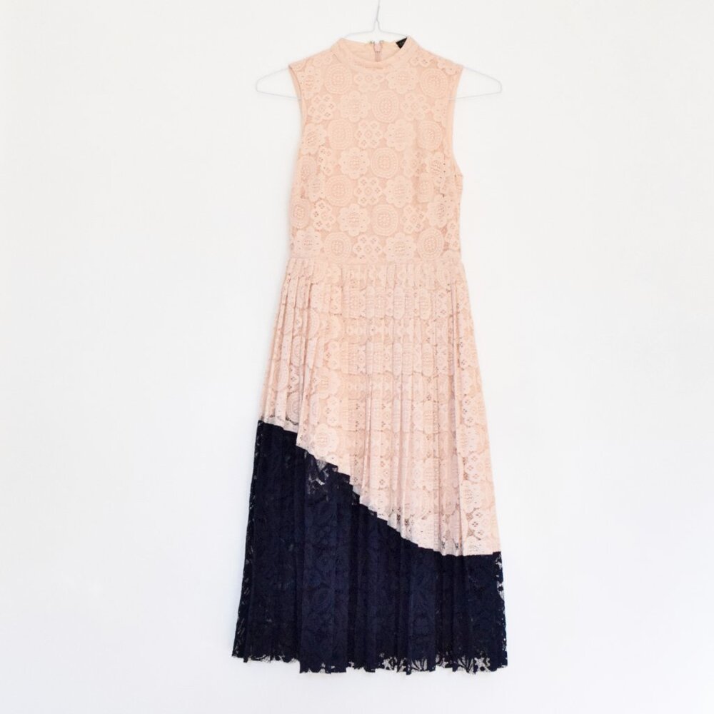 TOPSHOP Pink Pleated Floral Lace Tea Length Midi Dress | Size S